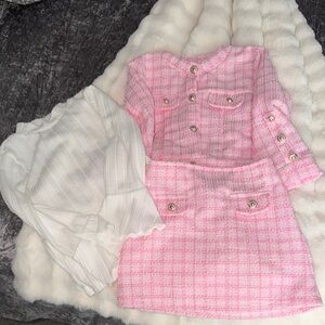 Pink Tweed Two-Piece Set with Pearl Buttons + Shirt with bell sleeves